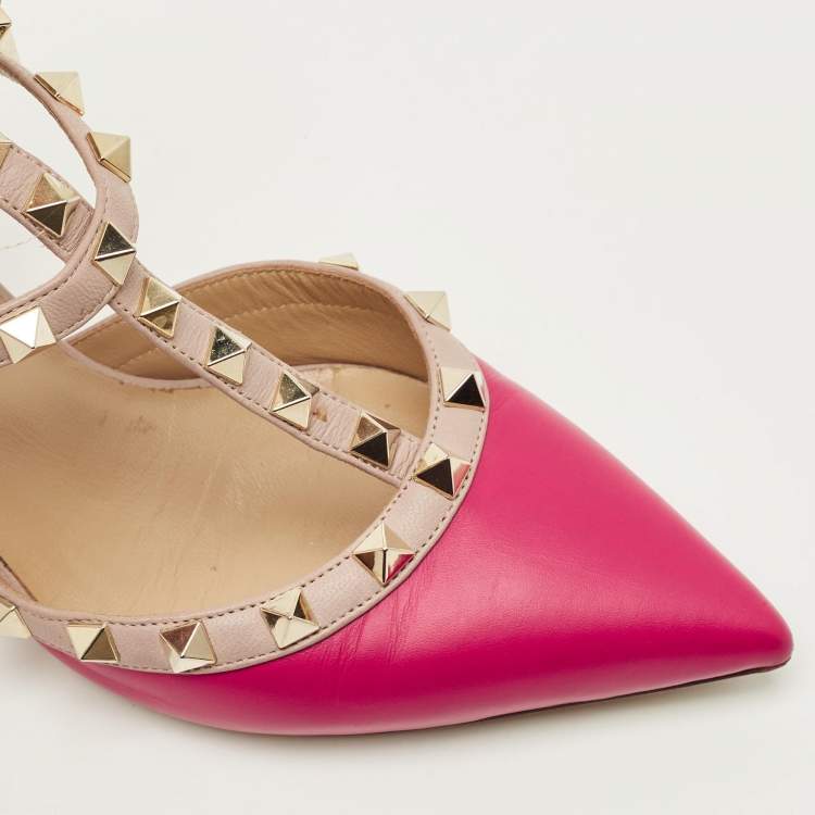 Pre Owned Valentino Rockstud Size 36 Burgundy/Beige Leather Ankle Strap Pumps