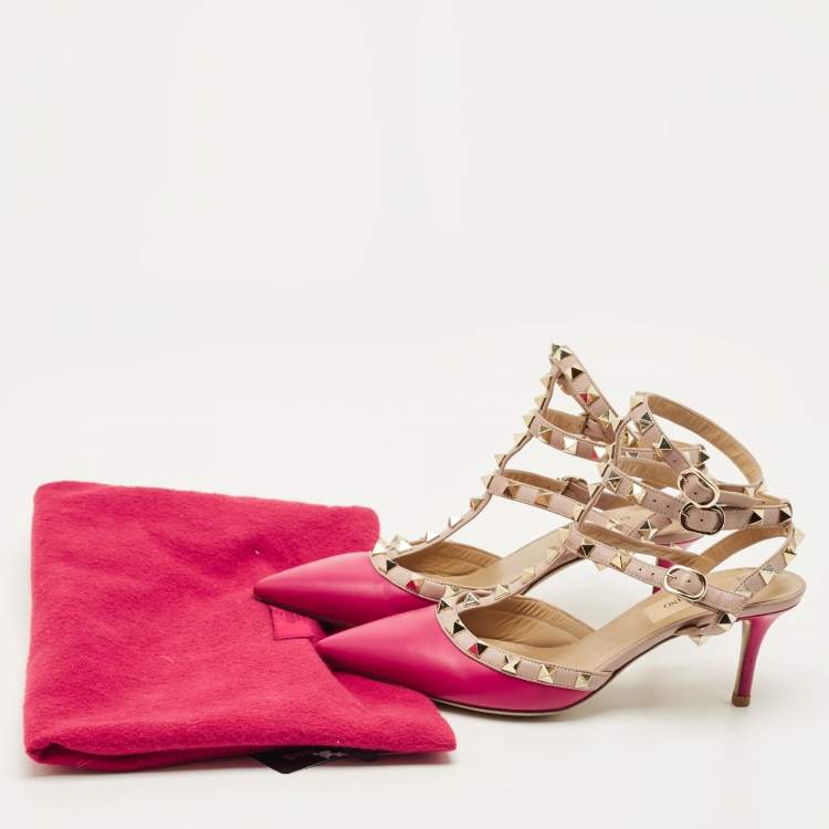 Pre Owned Valentino Rockstud Size 36 Burgundy/Beige Leather Ankle Strap Pumps