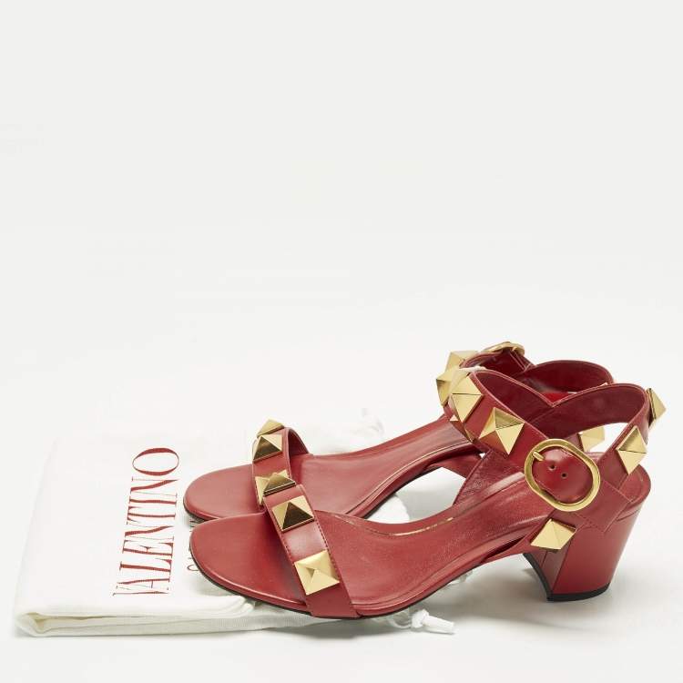 Pre Owned Valentino Roman Stud Size 38 Red Leather Ankle Strap Block Heel Sandals