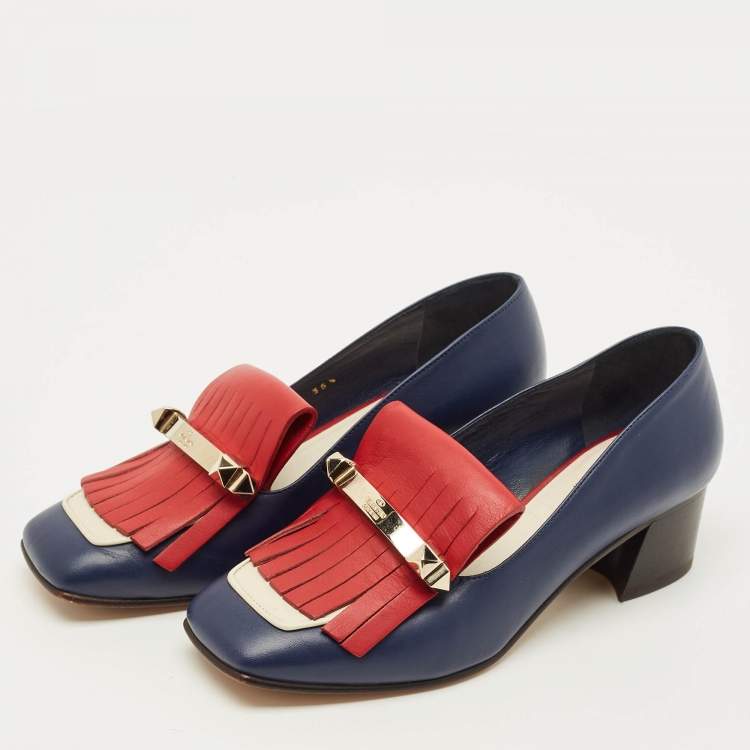Pre Owned Valentino Size 35.5 Tricolor Leather Uptown Fringe Block Heel Pumps
