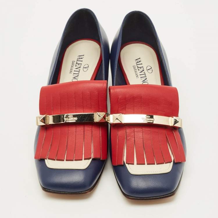 Pre Owned Valentino Size 35.5 Tricolor Leather Uptown Fringe Block Heel Pumps