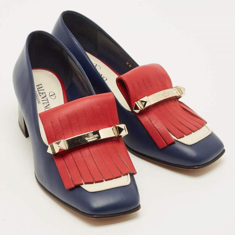 Pre Owned Valentino Size 35.5 Tricolor Leather Uptown Fringe Block Heel Pumps