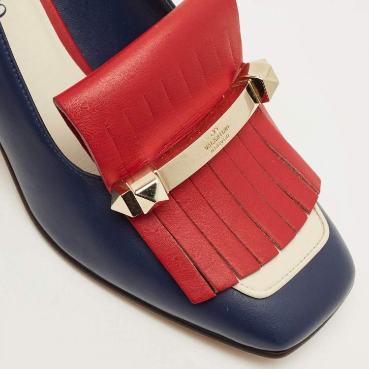 Pre Owned Valentino Size 35.5 Tricolor Leather Uptown Fringe Block Heel Pumps