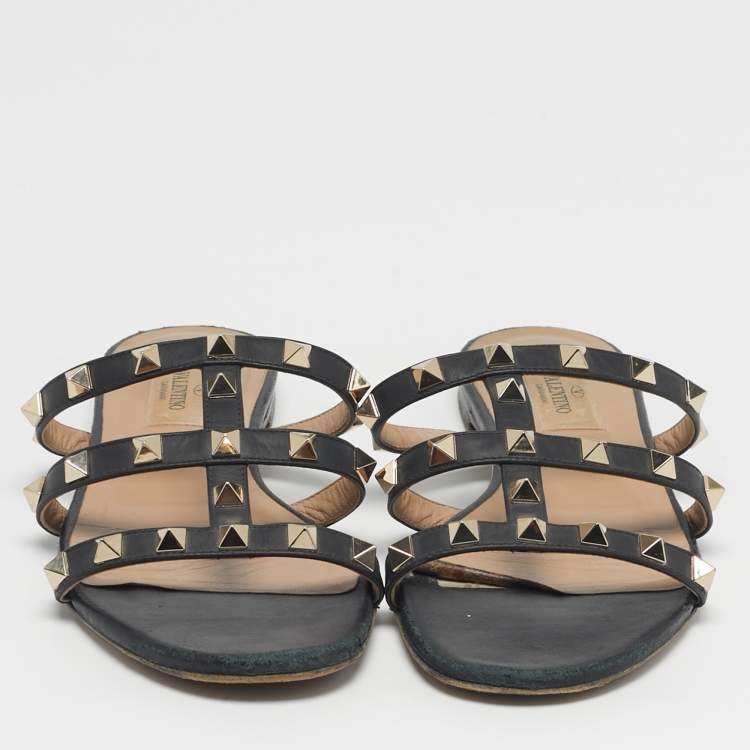 Pre Owned Valentino Rockstud Size 36 Black Leather Flat Slide