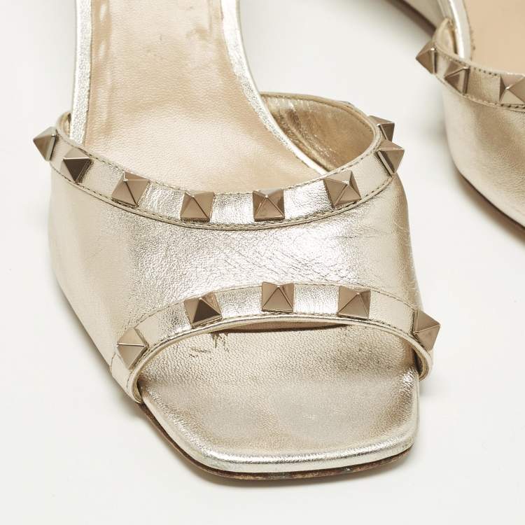 Pre Owned Valentino Rockstud Size 40.5 Metallic Leather Wedge Sandals