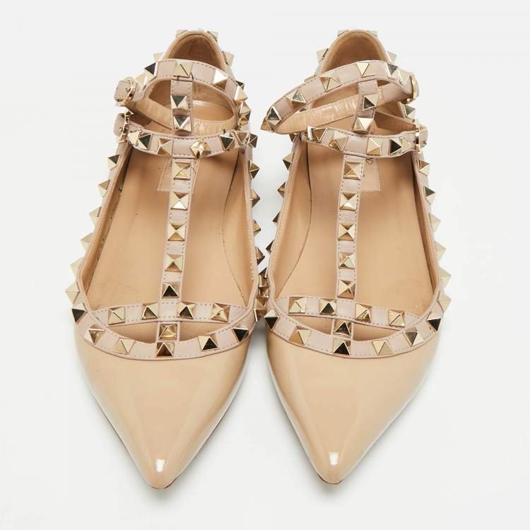 Pre Owned Valentino Rockstud Size 37 Beige Leather and Patent Leather Ballet Flats