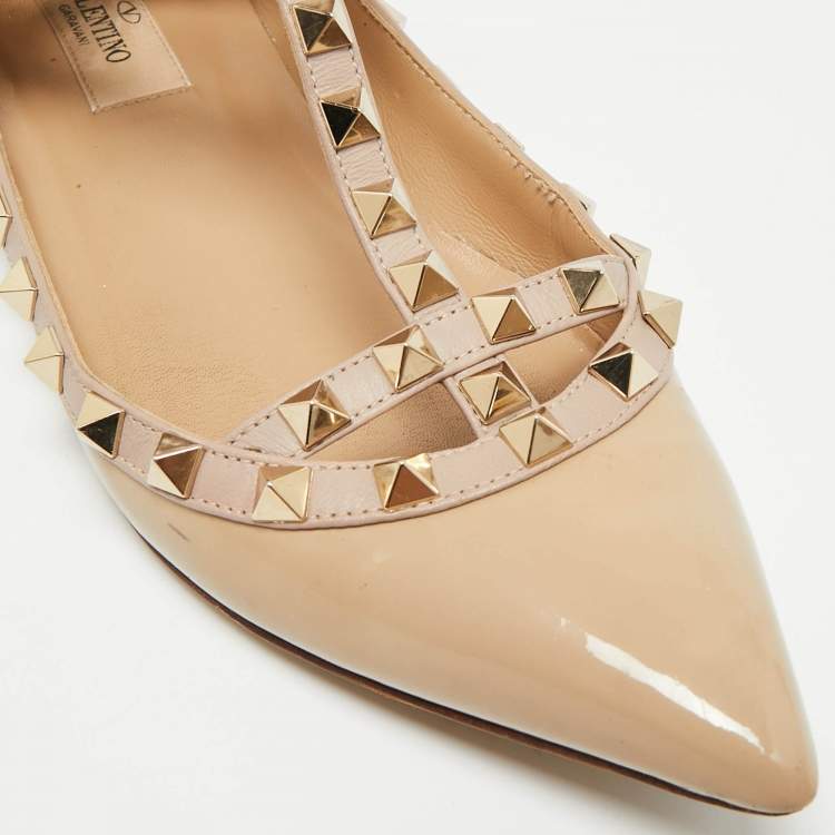 Pre Owned Valentino Rockstud Size 37 Beige Leather and Patent Leather Ballet Flats