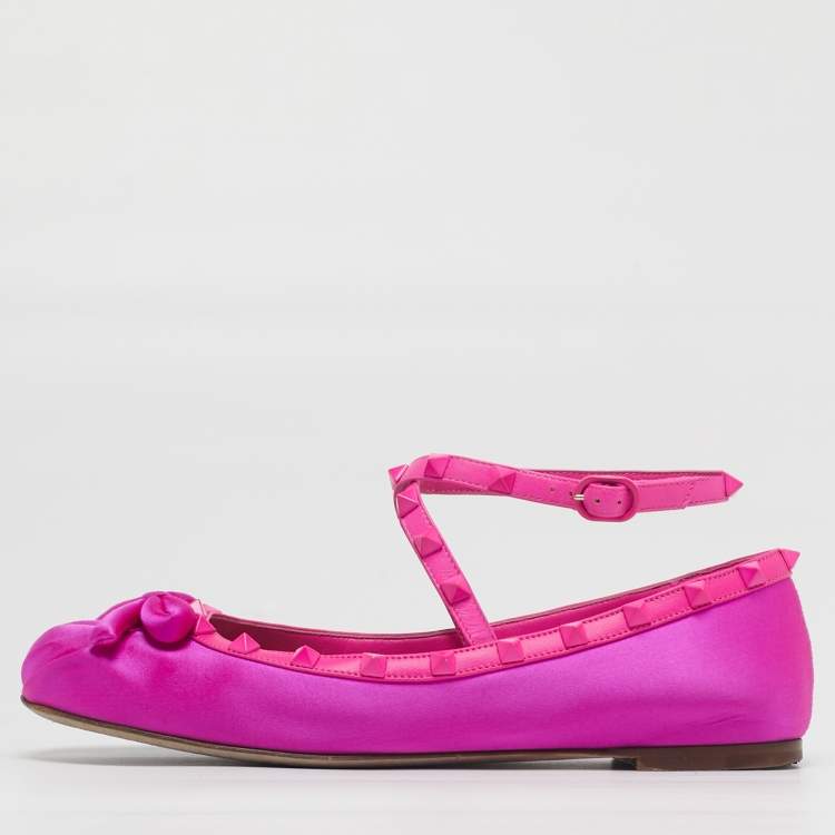 Pre Owned Valentino Rockstud Size 39.5 Pink Leather and Satin Bow Ankle Strap Ballet Flats