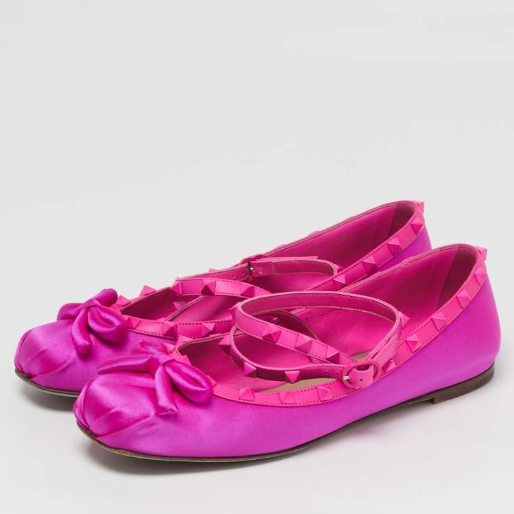 Pre Owned Valentino Rockstud Size 39.5 Pink Leather and Satin Bow Ankle Strap Ballet Flats