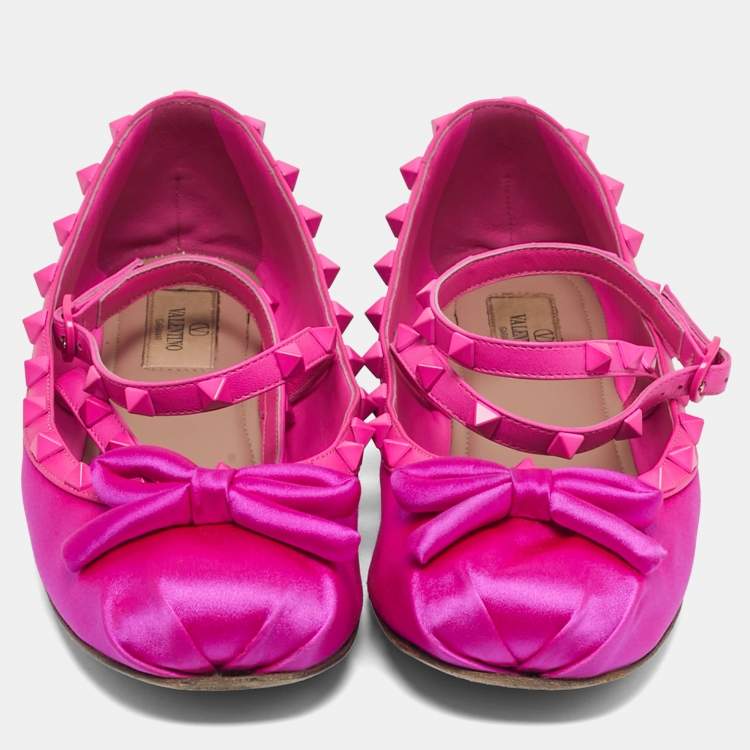 Pre Owned Valentino Rockstud Size 39.5 Pink Leather and Satin Bow Ankle Strap Ballet Flats
