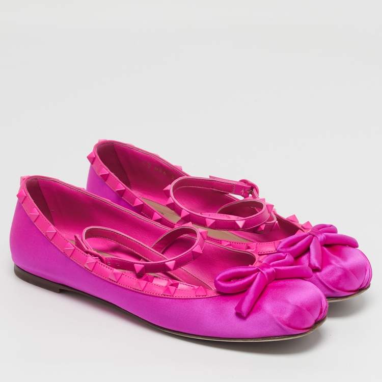 Pre Owned Valentino Rockstud Size 39.5 Pink Leather and Satin Bow Ankle Strap Ballet Flats