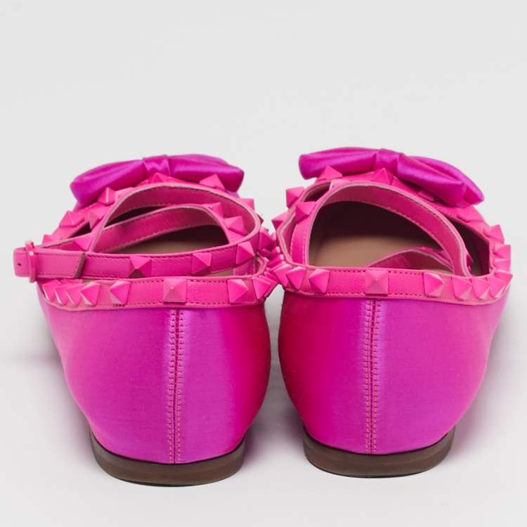Pre Owned Valentino Rockstud Size 39.5 Pink Leather and Satin Bow Ankle Strap Ballet Flats