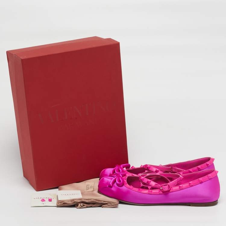 Pre Owned Valentino Rockstud Size 39.5 Pink Leather and Satin Bow Ankle Strap Ballet Flats