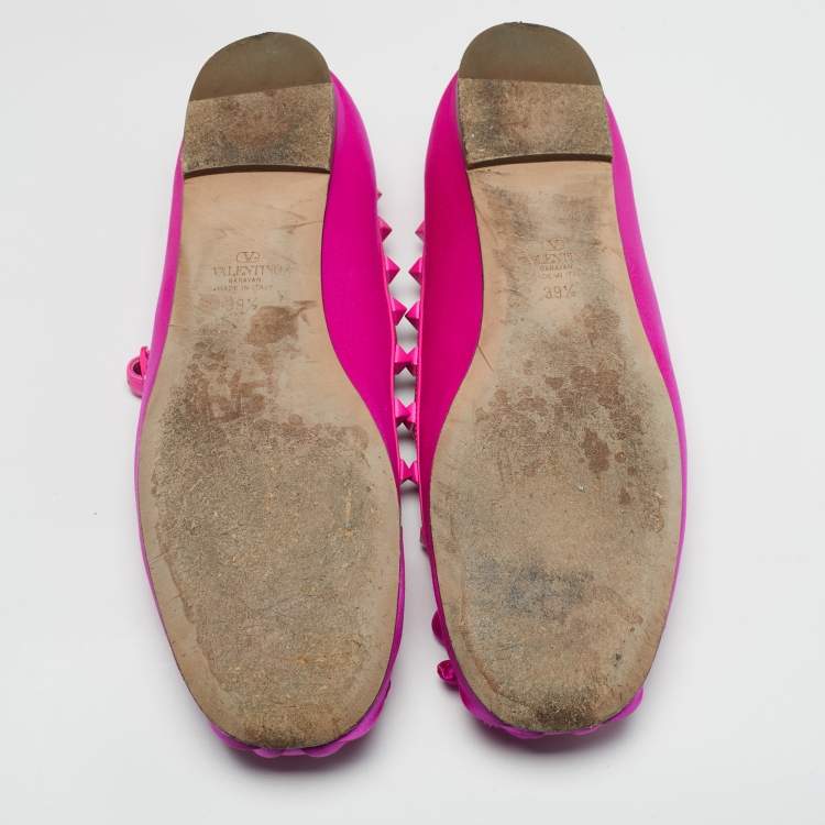 Pre Owned Valentino Rockstud Size 39.5 Pink Leather and Satin Bow Ankle Strap Ballet Flats