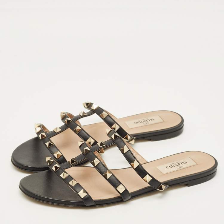 Pre Owned Valentino Rockstud Size 37.5 Black Leather Flat Slide