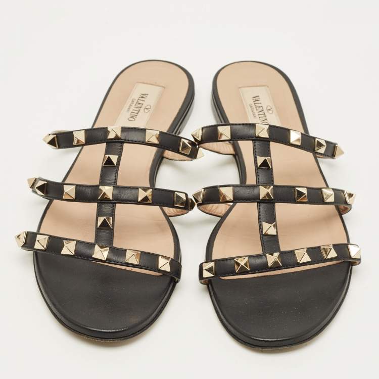 Pre Owned Valentino Rockstud Size 37.5 Black Leather Flat Slide