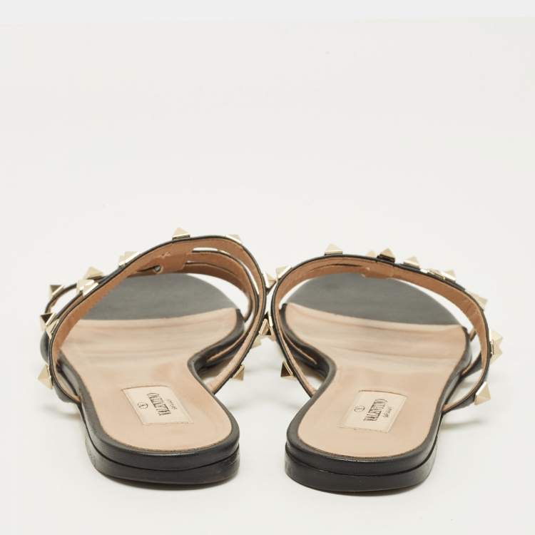 Pre Owned Valentino Rockstud Size 37.5 Black Leather Flat Slide
