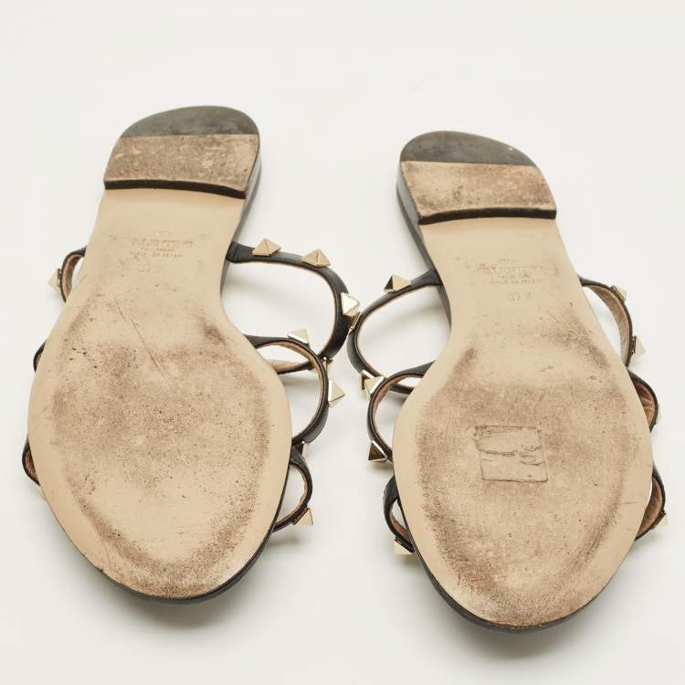 Pre Owned Valentino Rockstud Size 37.5 Black Leather Flat Slide