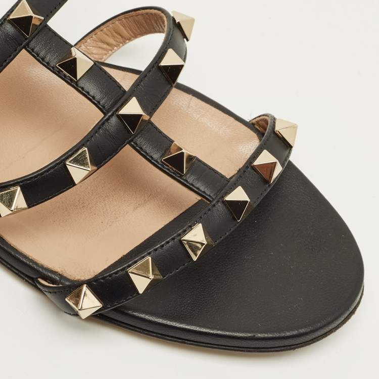 Pre Owned Valentino Rockstud Size 37.5 Black Leather Flat Slide