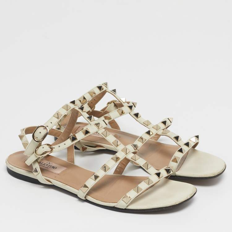 Pre Owned Valentino Rockstud Size 36 White Leather Ankle Strap Flat Sandals