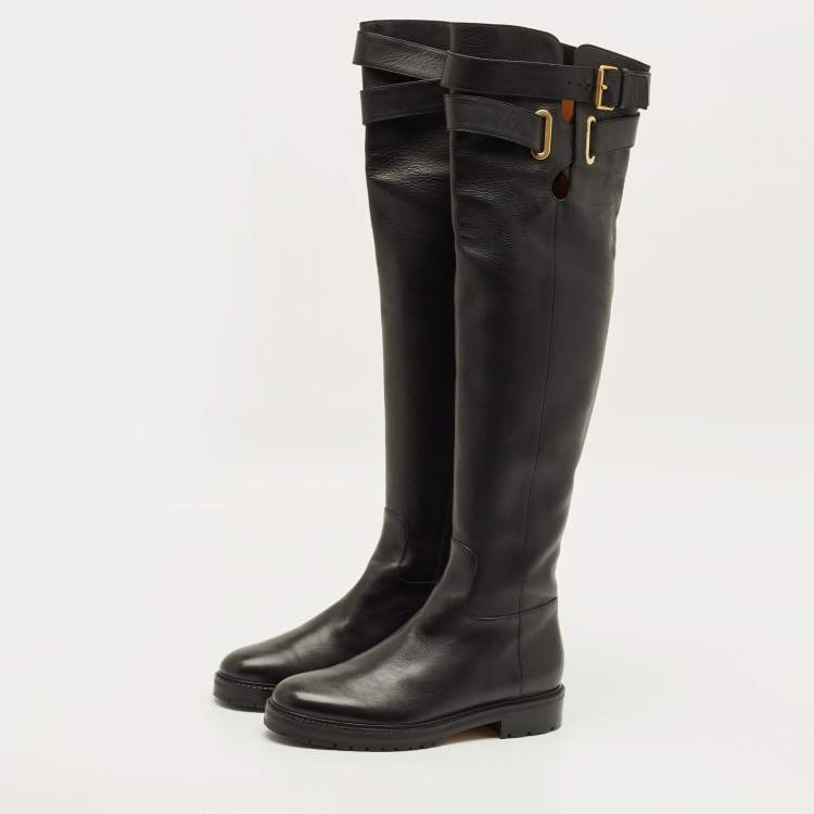 Pre Owned Valentino Size 40 Black Leather Over The Knee Boots