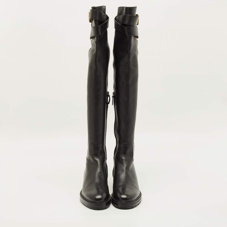 Pre Owned Valentino Size 40 Black Leather Over The Knee Boots