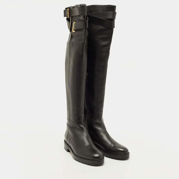 Pre Owned Valentino Size 40 Black Leather Over The Knee Boots