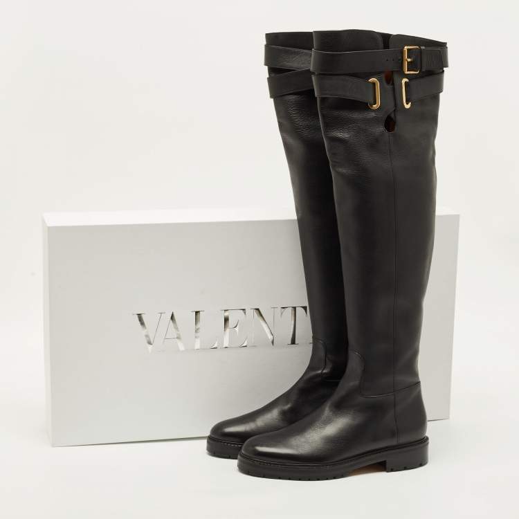 Pre Owned Valentino Size 40 Black Leather Over The Knee Boots