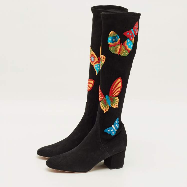 Pre Owned Valentino Buttrerfly Size 39 Black Suede Knee Length Boots