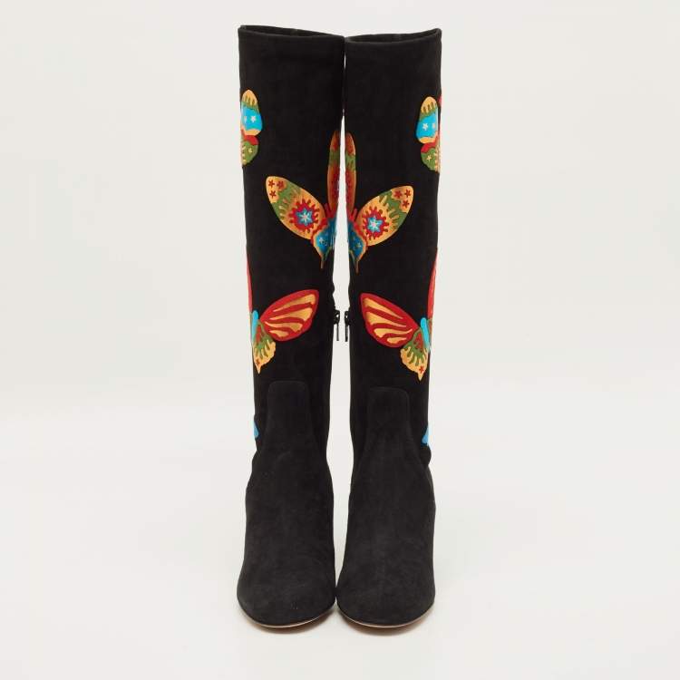 Pre Owned Valentino Buttrerfly Size 39 Black Suede Knee Length Boots
