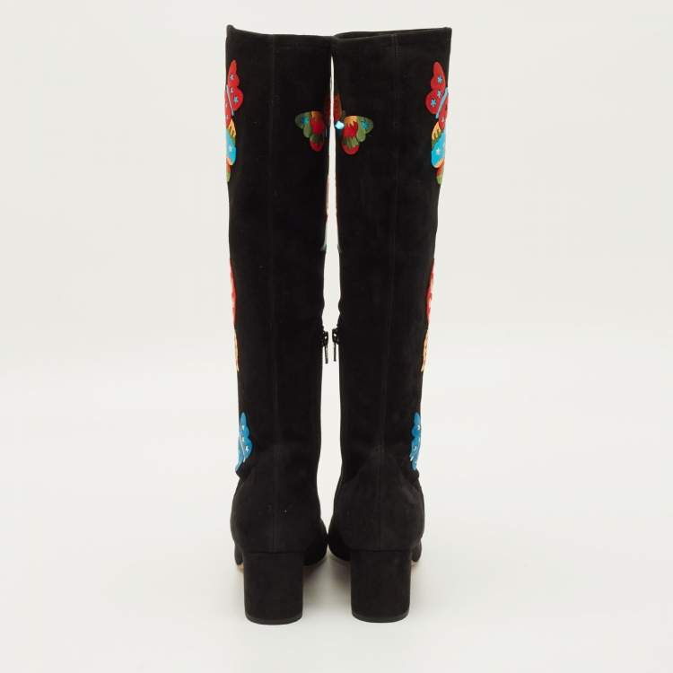 Pre Owned Valentino Buttrerfly Size 39 Black Suede Knee Length Boots