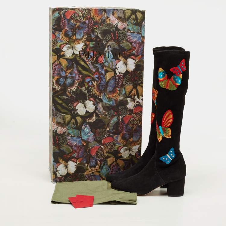 Pre Owned Valentino Buttrerfly Size 39 Black Suede Knee Length Boots