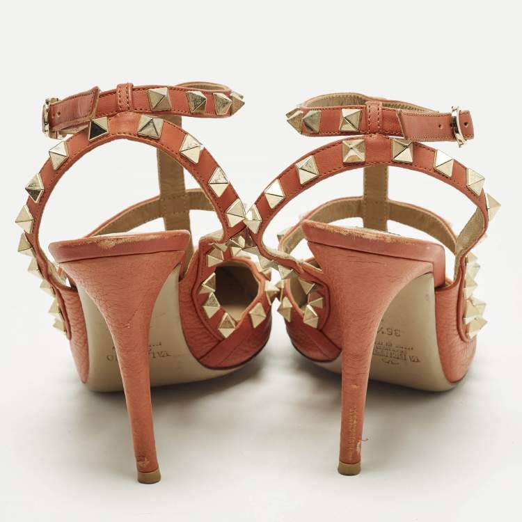 مملوكة مسبقًا Valentino Rockstud Size 36.5 Orange Leather Ankle Strap Pumps