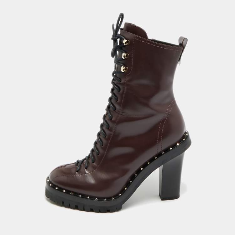 Pre Owned Valentino Rockrunner Size 39.5 Burgundy Leather Ankle Length Boots