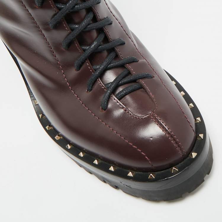 Pre Owned Valentino Rockrunner Size 39.5 Burgundy Leather Ankle Length Boots