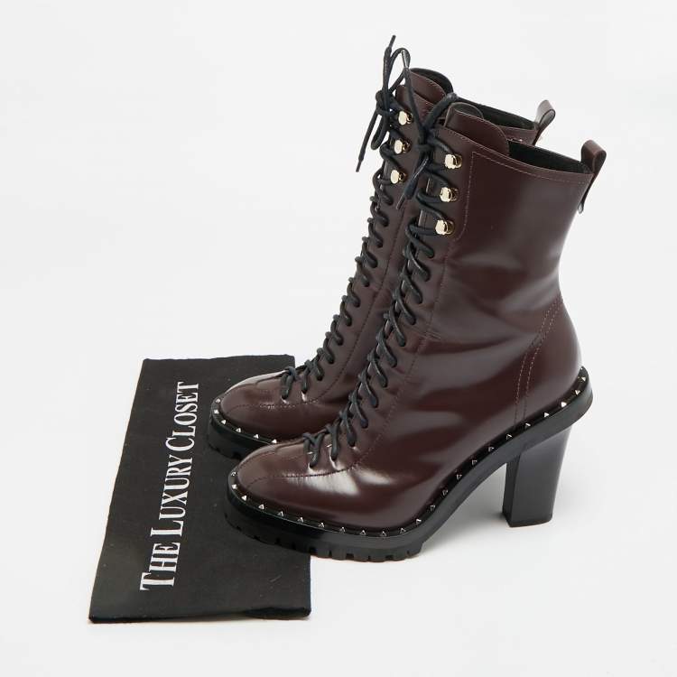 Pre Owned Valentino Rockrunner Size 39.5 Burgundy Leather Ankle Length Boots