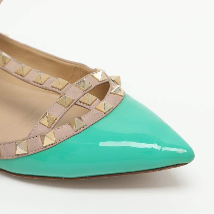 Pre Owned Valentino Rockstud Size 39 Green/Beige Patent and Leather Ballet Flats