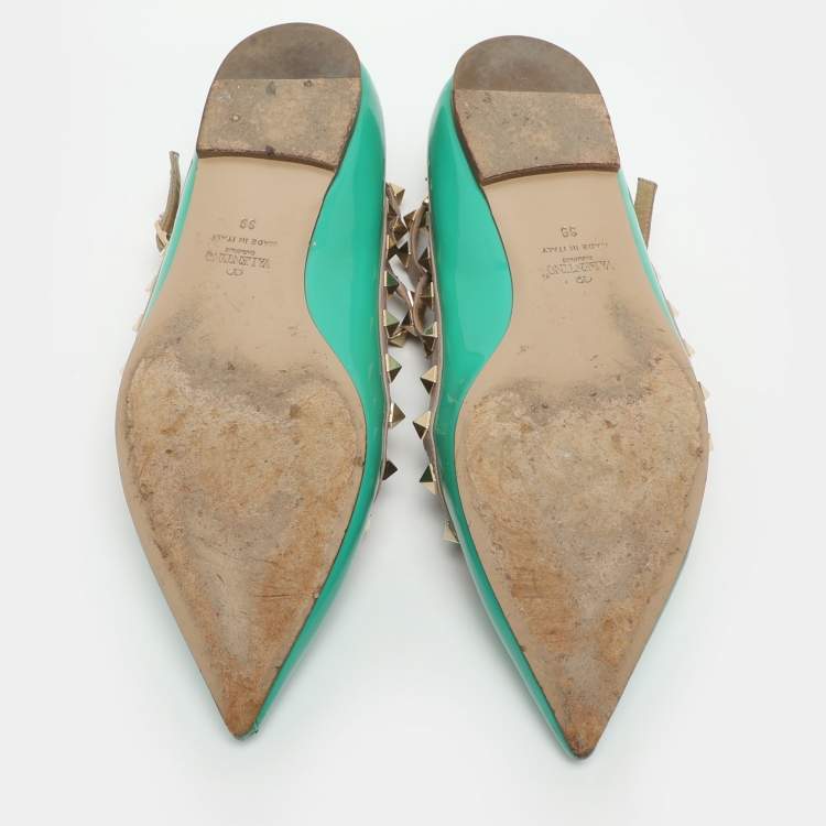 Pre Owned Valentino Rockstud Size 39 Green/Beige Patent and Leather Ballet Flats