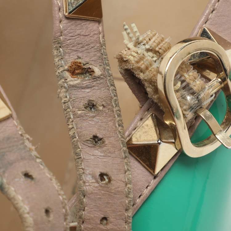 Pre Owned Valentino Rockstud Size 39 Green/Beige Patent and Leather Ballet Flats