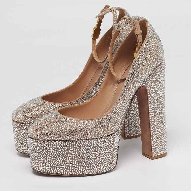 Pre Owned Valentino Tan-Go Size 40.5 Beige Suede Crystal Embellished Platform Pumps