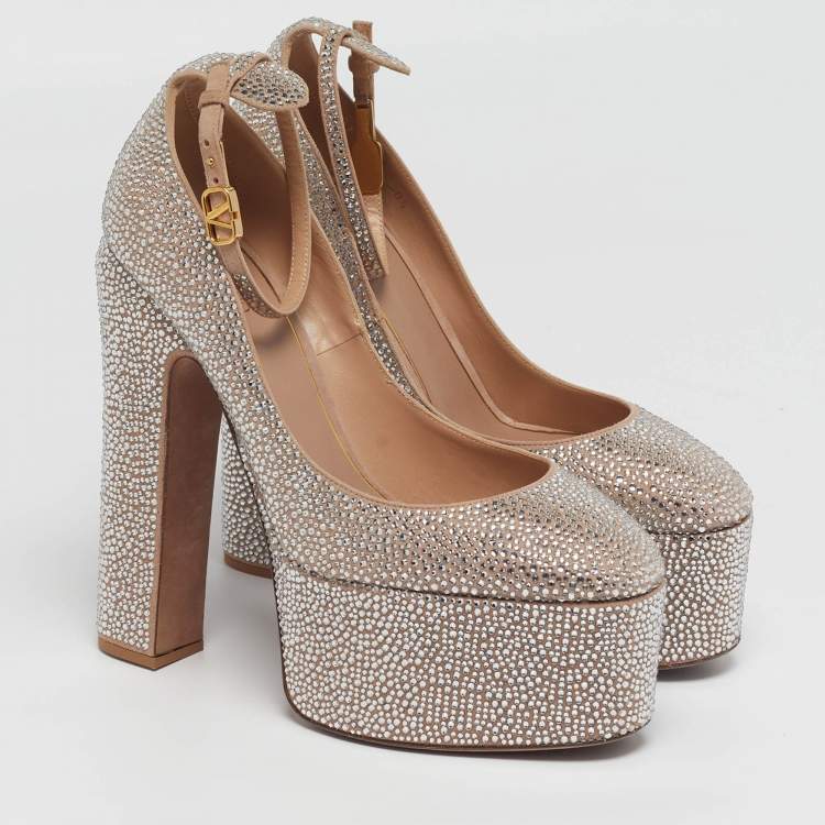 Pre Owned Valentino Tan-Go Size 40.5 Beige Suede Crystal Embellished Platform Pumps