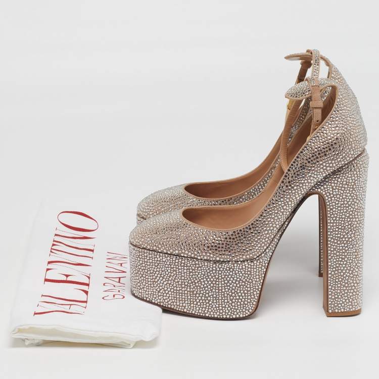 Pre Owned Valentino Tan-Go Size 40.5 Beige Suede Crystal Embellished Platform Pumps