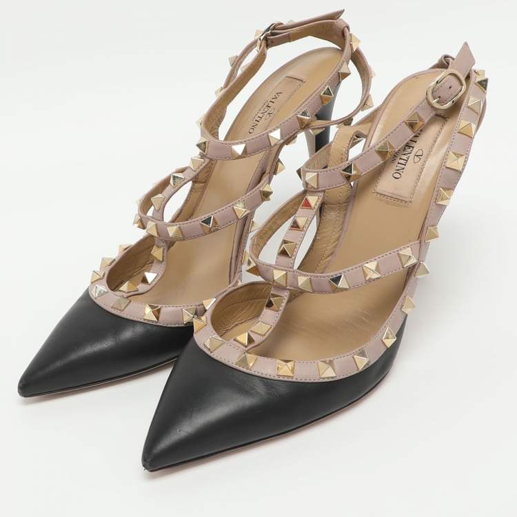 Pre Owned Valentino Rockstud Size 39 Black/Beige Leather Ankle Strap Pumps