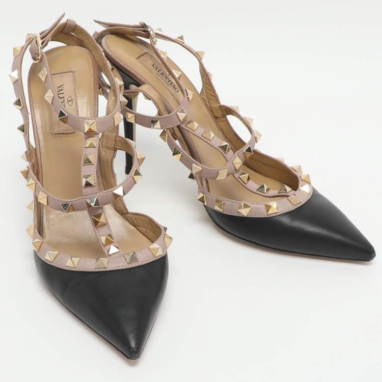 Pre Owned Valentino Rockstud Size 39 Black/Beige Leather Ankle Strap Pumps