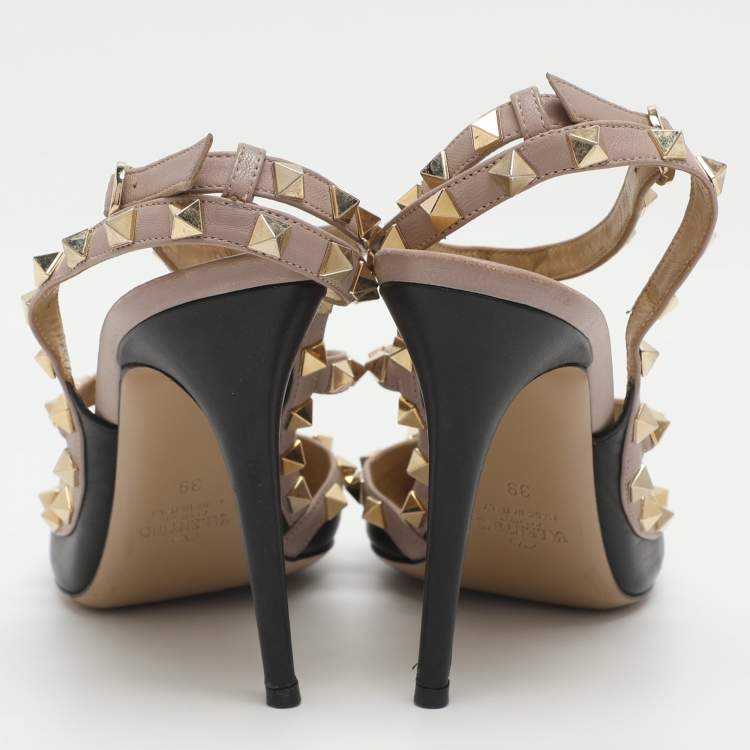Pre Owned Valentino Rockstud Size 39 Black/Beige Leather Ankle Strap Pumps