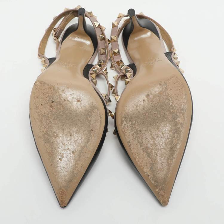 Pre Owned Valentino Rockstud Size 39 Black/Beige Leather Ankle Strap Pumps