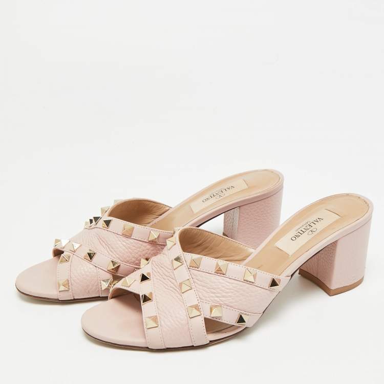 Pre Owned Valentino Rockstud Size 36 Pink Leather Criss Cross Block Heel Slide Sandals