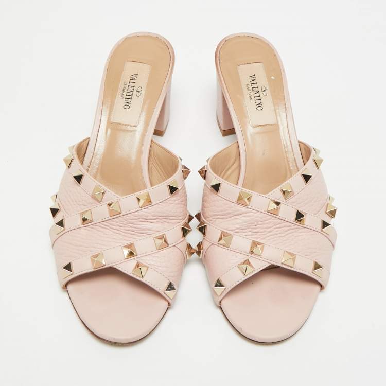 Pre Owned Valentino Rockstud Size 36 Pink Leather Criss Cross Block Heel Slide Sandals
