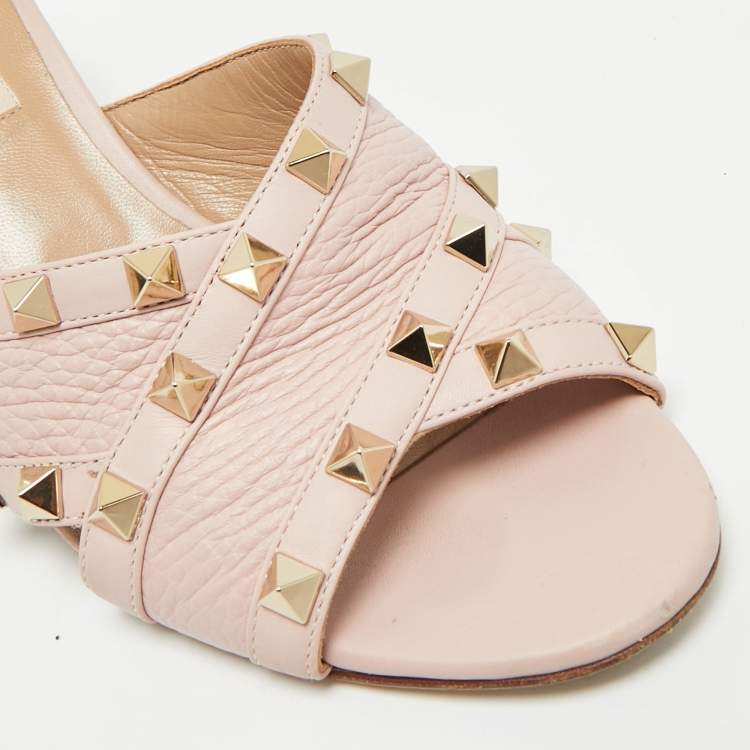 Pre Owned Valentino Rockstud Size 36 Pink Leather Criss Cross Block Heel Slide Sandals
