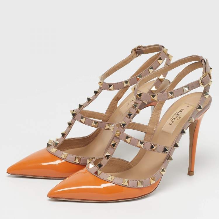 Pre Owned Valentino Rockstud Size 39 Beige/Orange Leather and Patent Ankle Strap Pumps